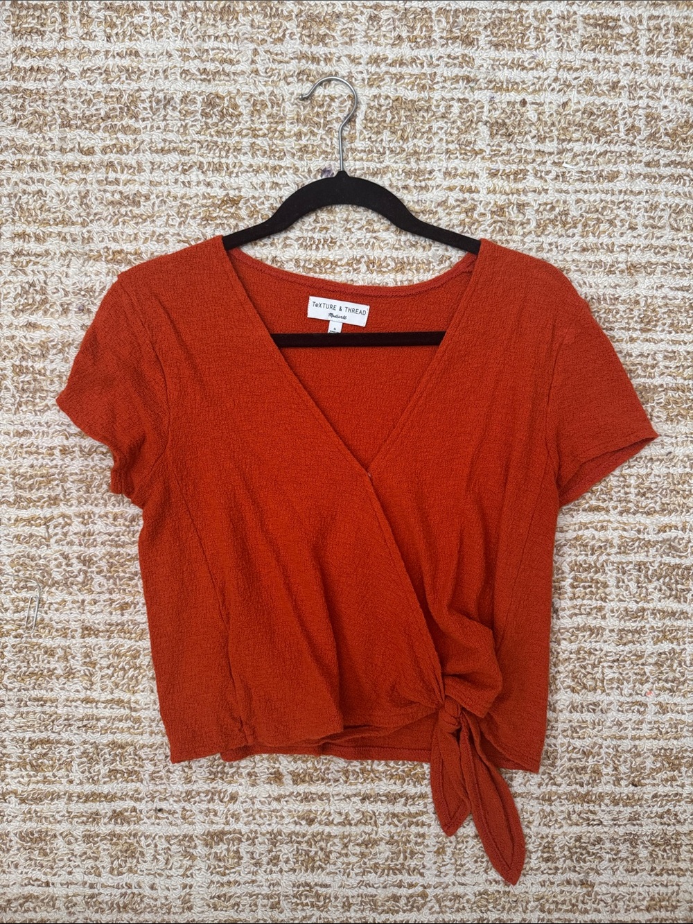 Madewell Textured Rust-Orange Short Sleeve Tie Wrap Top